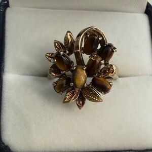 Tiger Eye STERLING Gold Tone and Floral Ring SZ 6